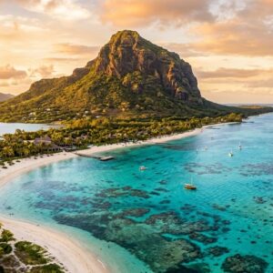 Scenic coastal bay and turquoise lagoon in Grand Baie, northern Mauritius
